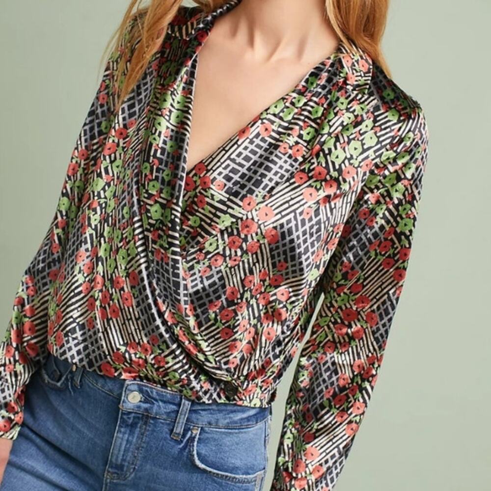 Anthropologie Ett:Twa SZ 2 Velvet Floral Wrap Top Lightweight Blazer Whimsigoth